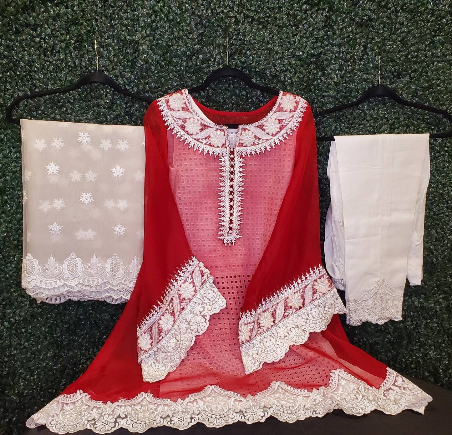 Red and white desi shalwar kameez. Size small.