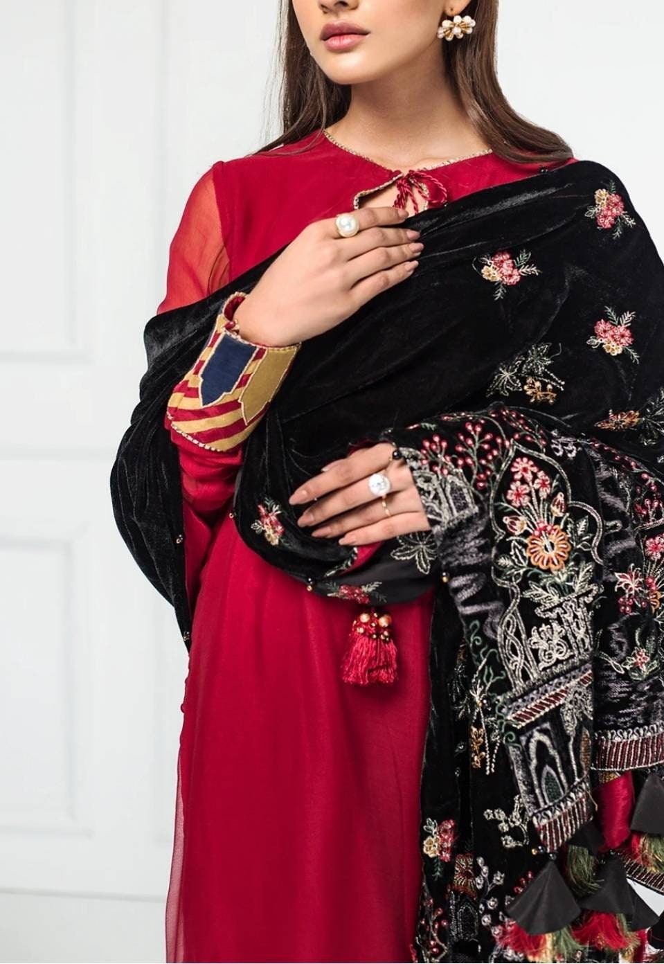 Chiffon shirt with Velvet shawl and pant. Party wear.  Formal pakistani designer wear.