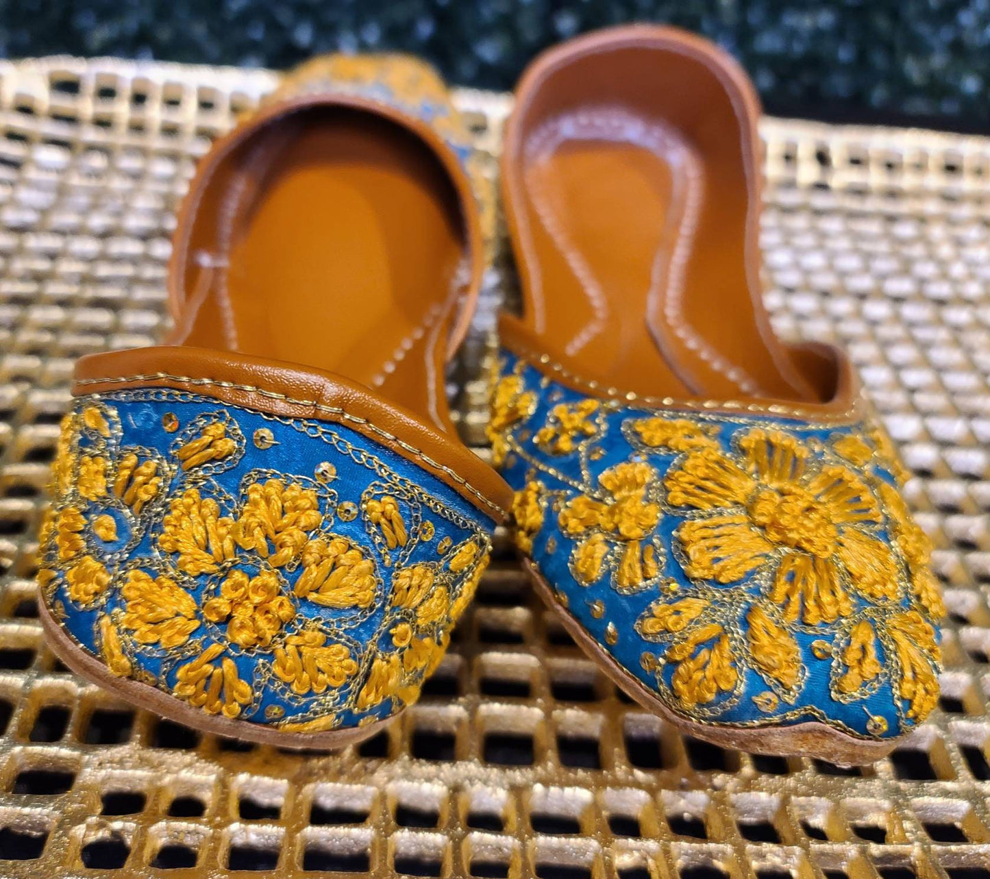 Blue with yellow hand Embroidered khussa/jutti.