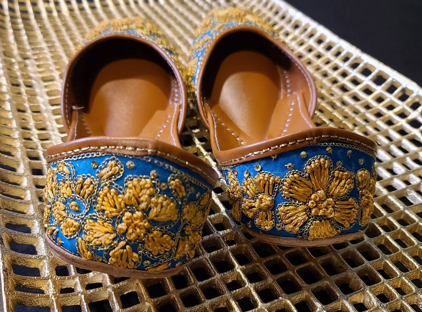 Blue with yellow hand Embroidered khussa/jutti.