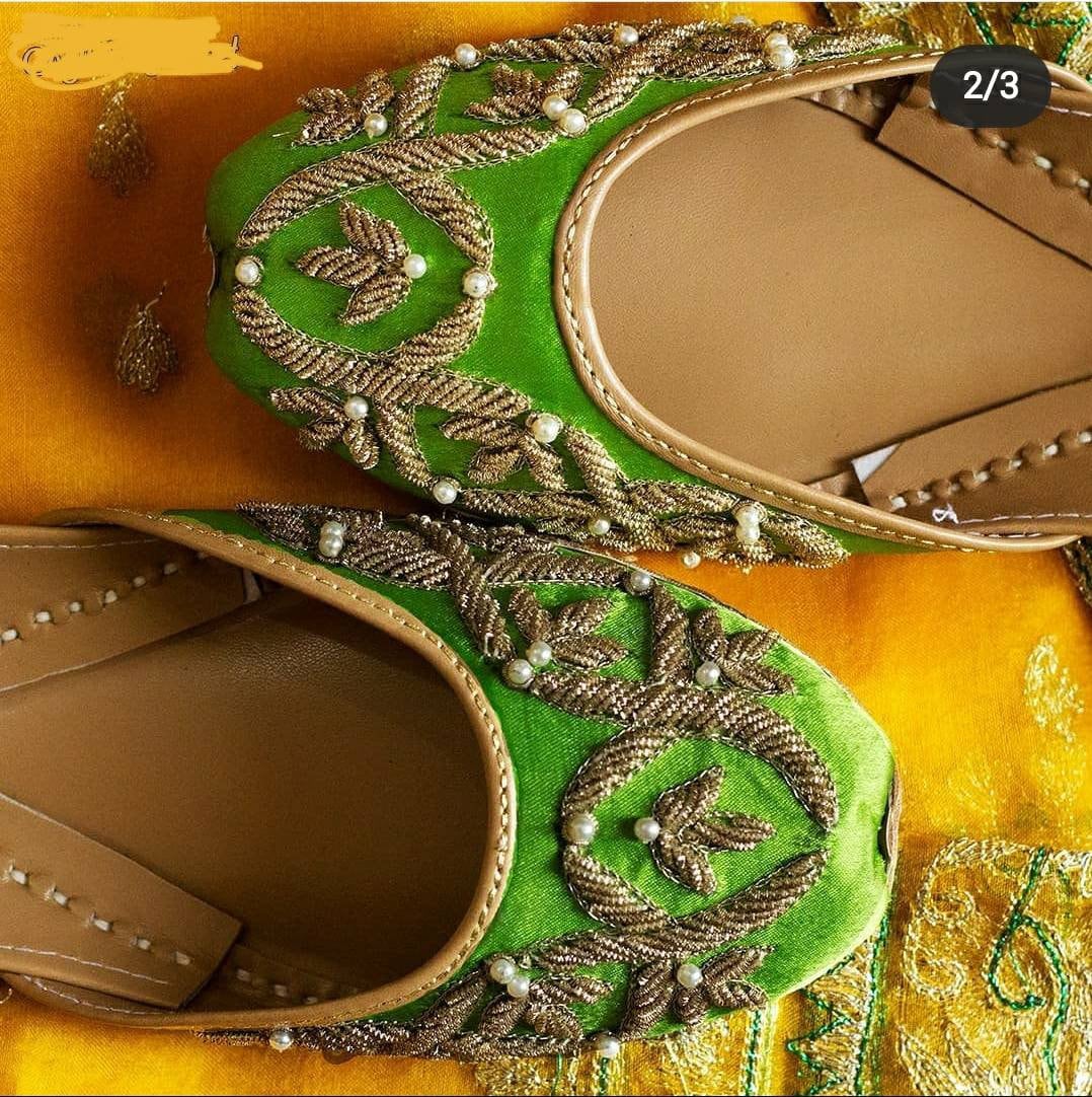 Gorgeous green khussa with kora dabka work.