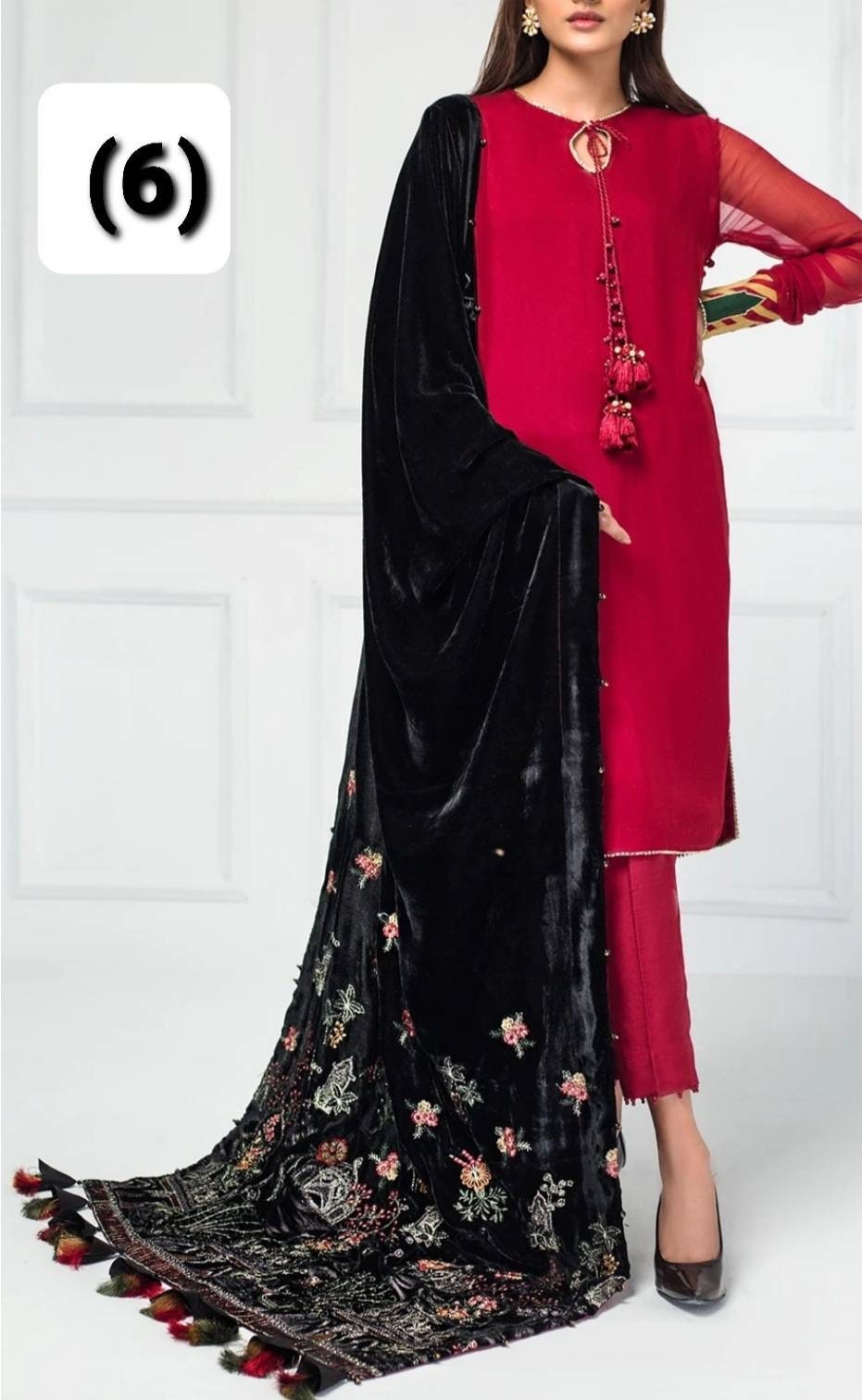 Chiffon shirt with Velvet shawl and pant. Party wear.  Formal pakistani designer wear.