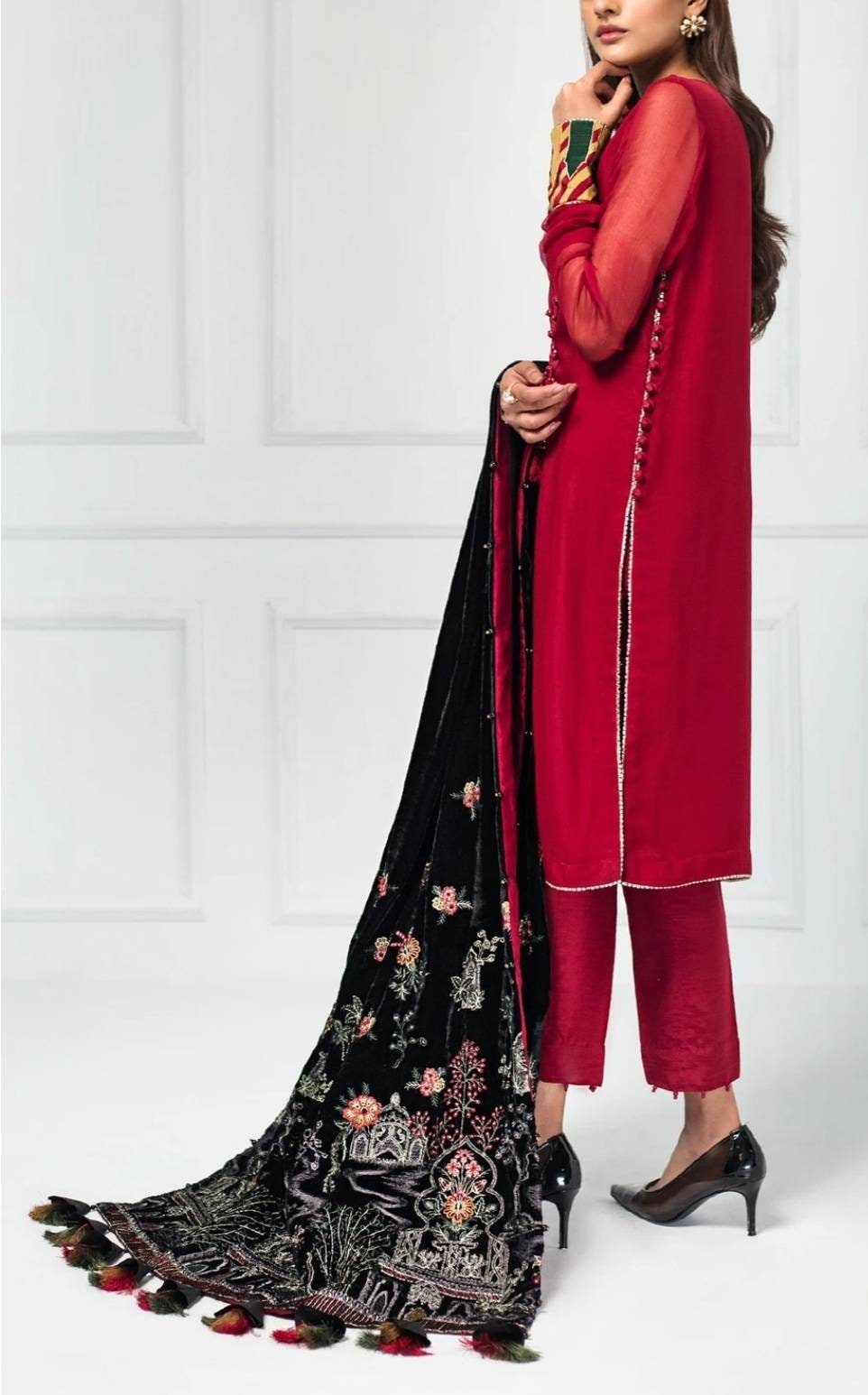 Chiffon shirt with Velvet shawl and pant. Party wear.  Formal pakistani designer wear.