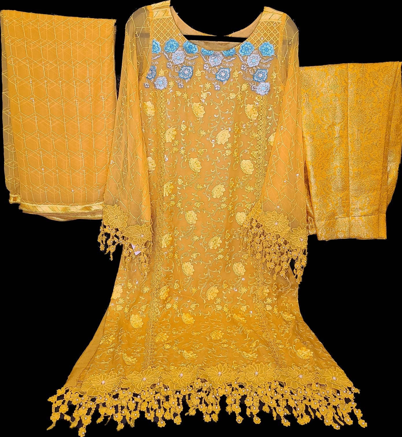 Beautiful yellow chikankari on pure chiffon.  Pakistani designer wear.