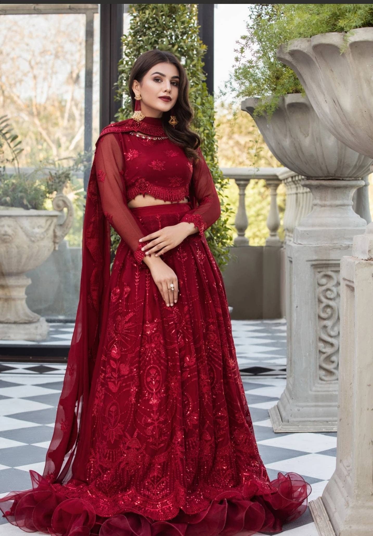 Red color gharara. Pakistani designer wear. Please follow size chart for exact measurements.