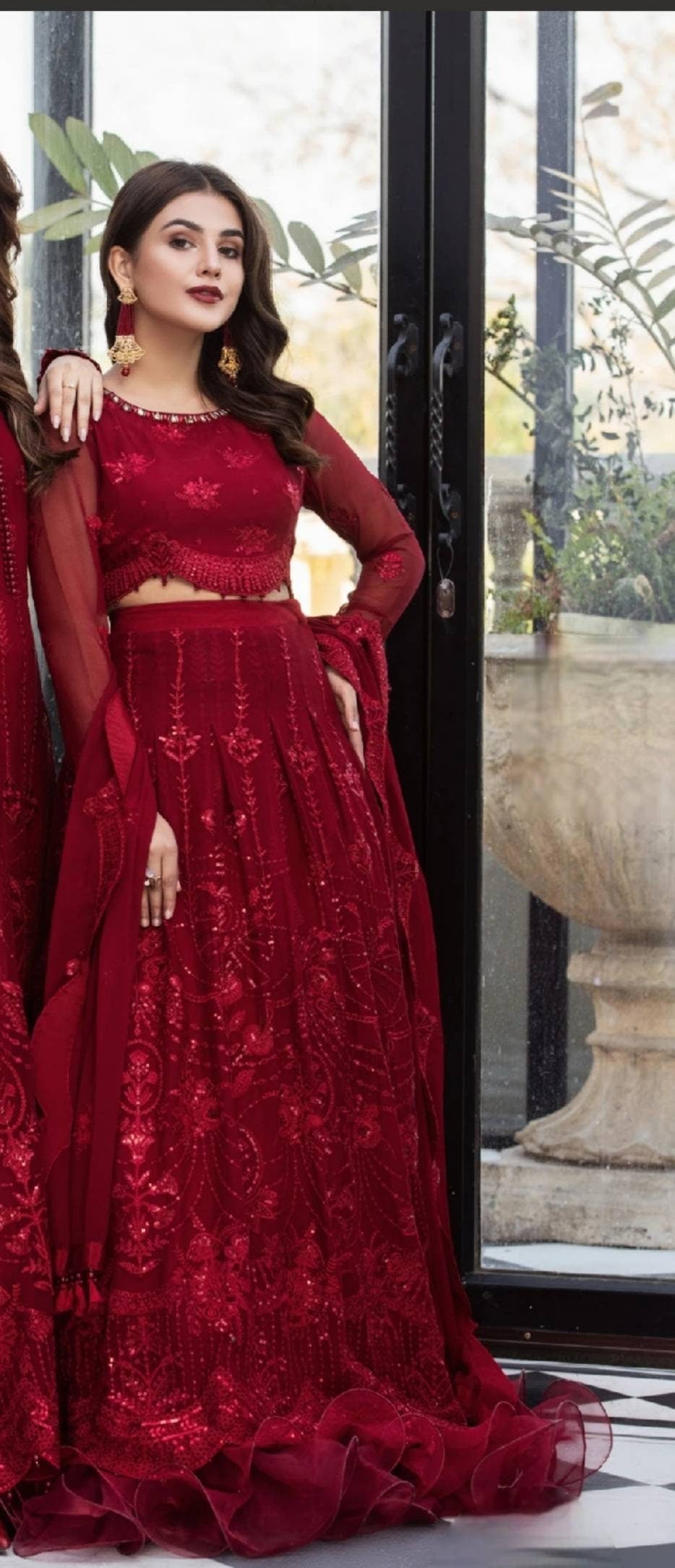 Red color gharara. Pakistani designer wear. Please follow size chart for exact measurements.