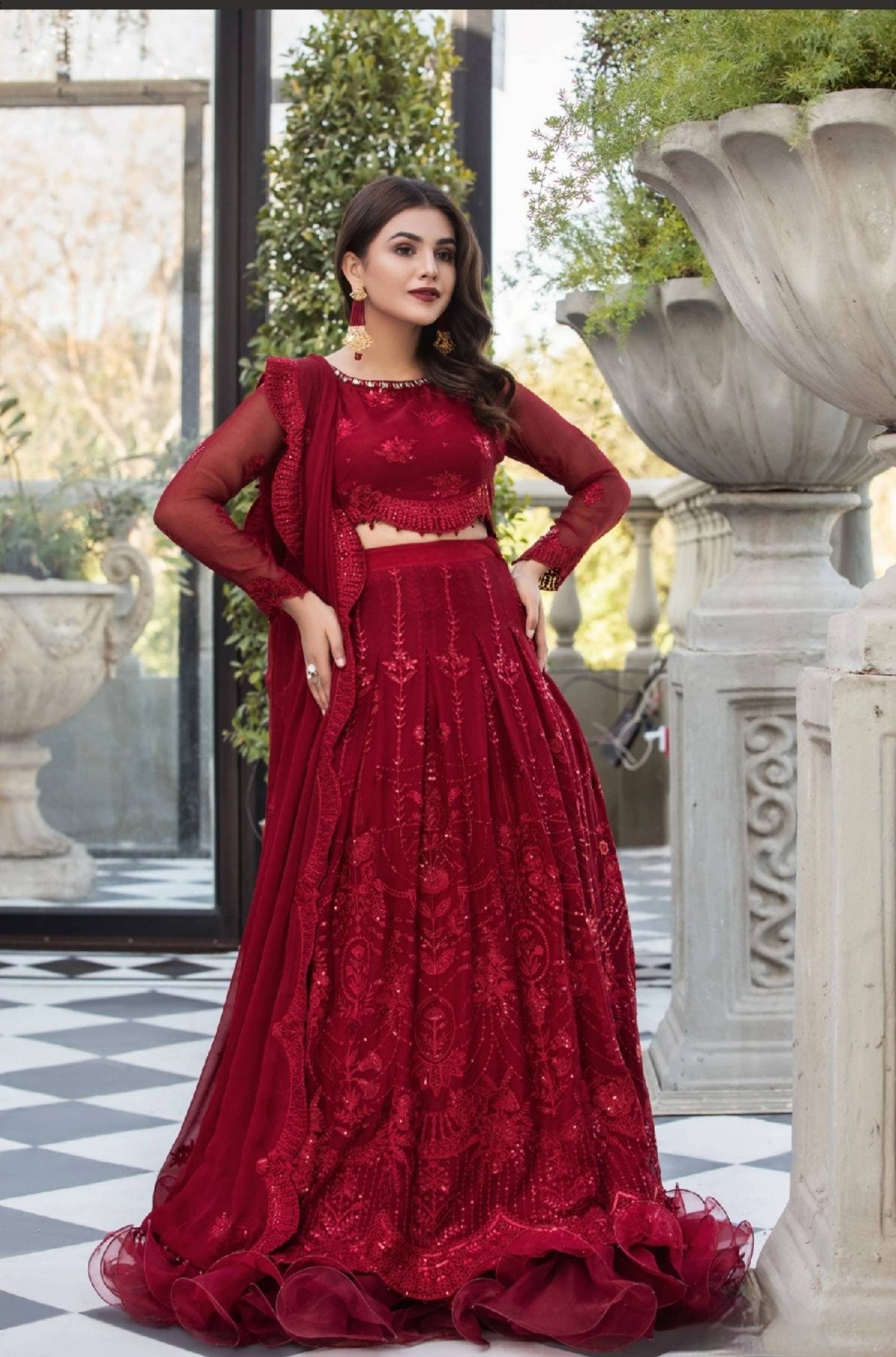 Red color gharara. Pakistani designer wear. Please follow size chart for exact measurements.