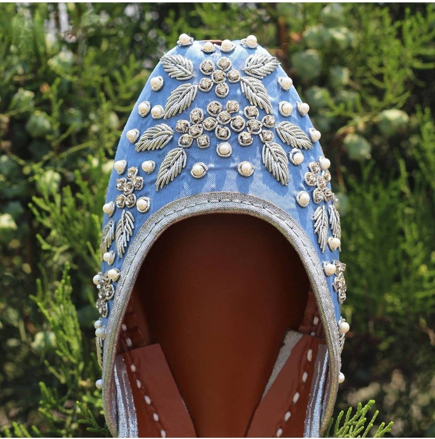 Light blue khussa. Handcrafted dabka work. Pure leather, Non-allergic khussa.