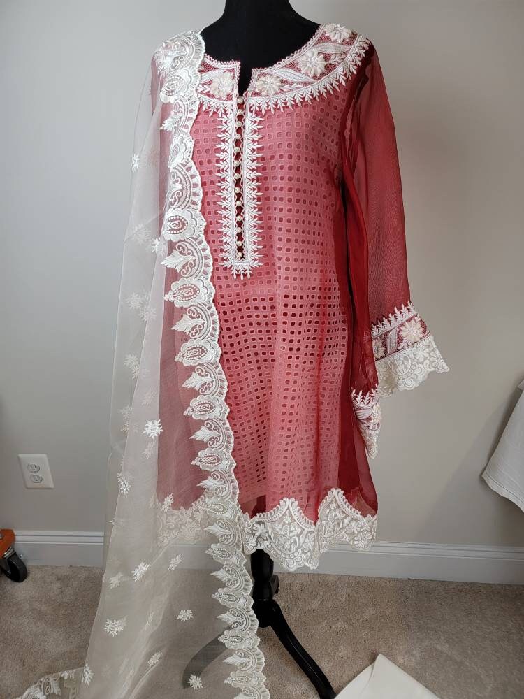 Red and white desi shalwar kameez. Size small.