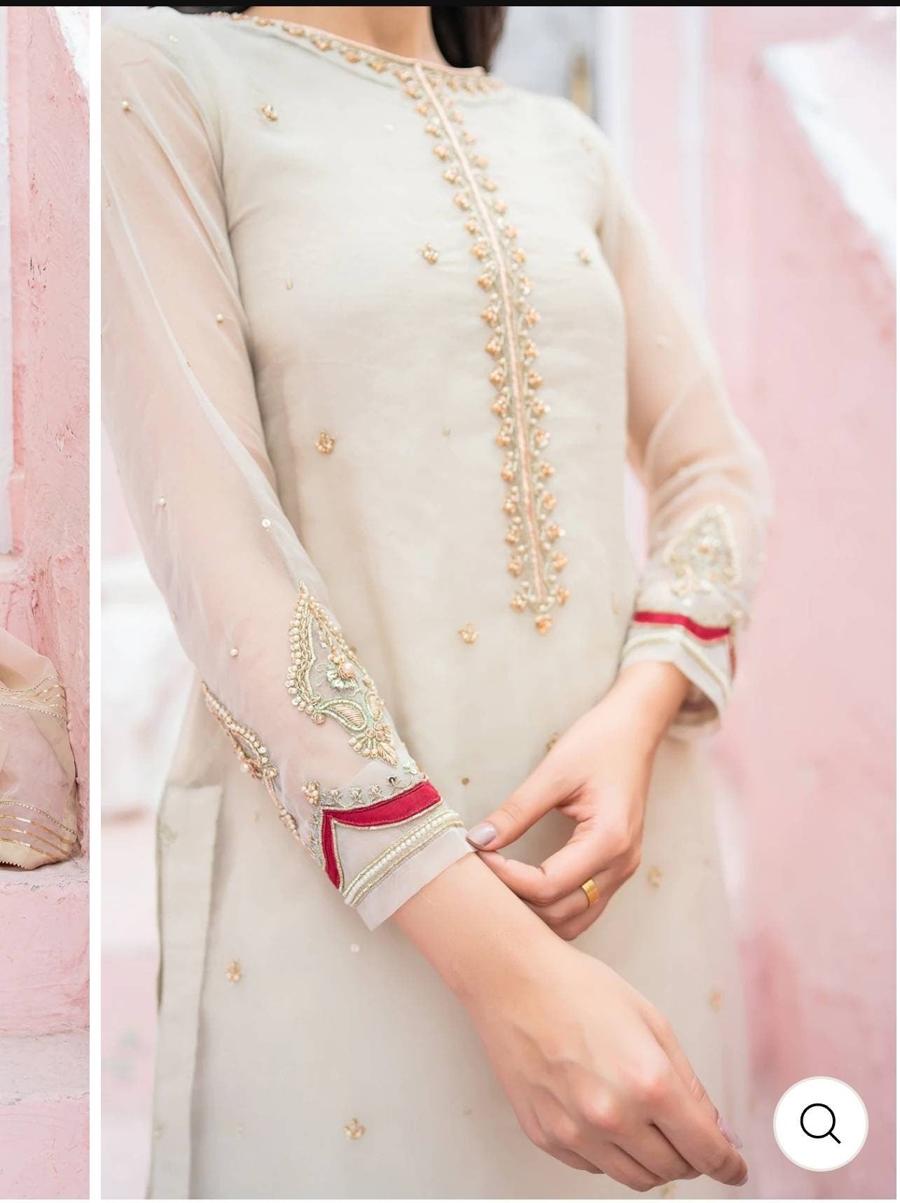 Silky beige ready to wear formal 3 pc pakistani designer wear.