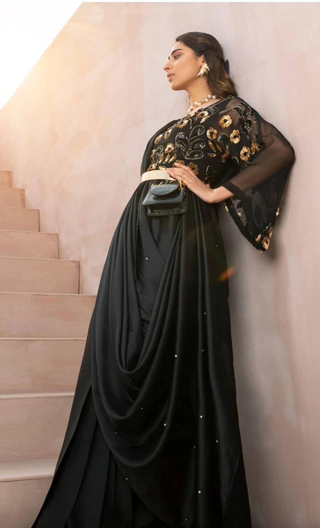 Black with gold sequins ready to wear saree. Pakistani designer wear. Draped Saree.