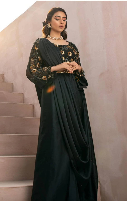 Black with gold sequins ready to wear saree. Pakistani designer wear. Draped Saree.