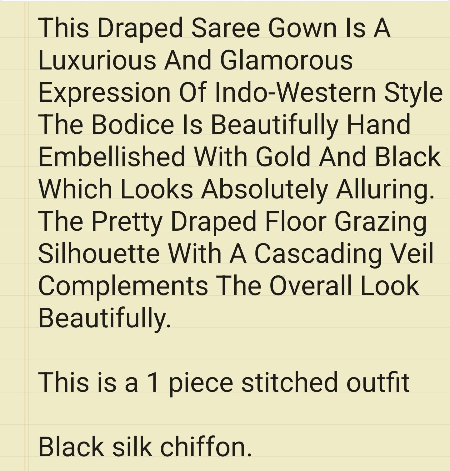 Black with gold sequins ready to wear saree. Pakistani designer wear. Draped Saree.