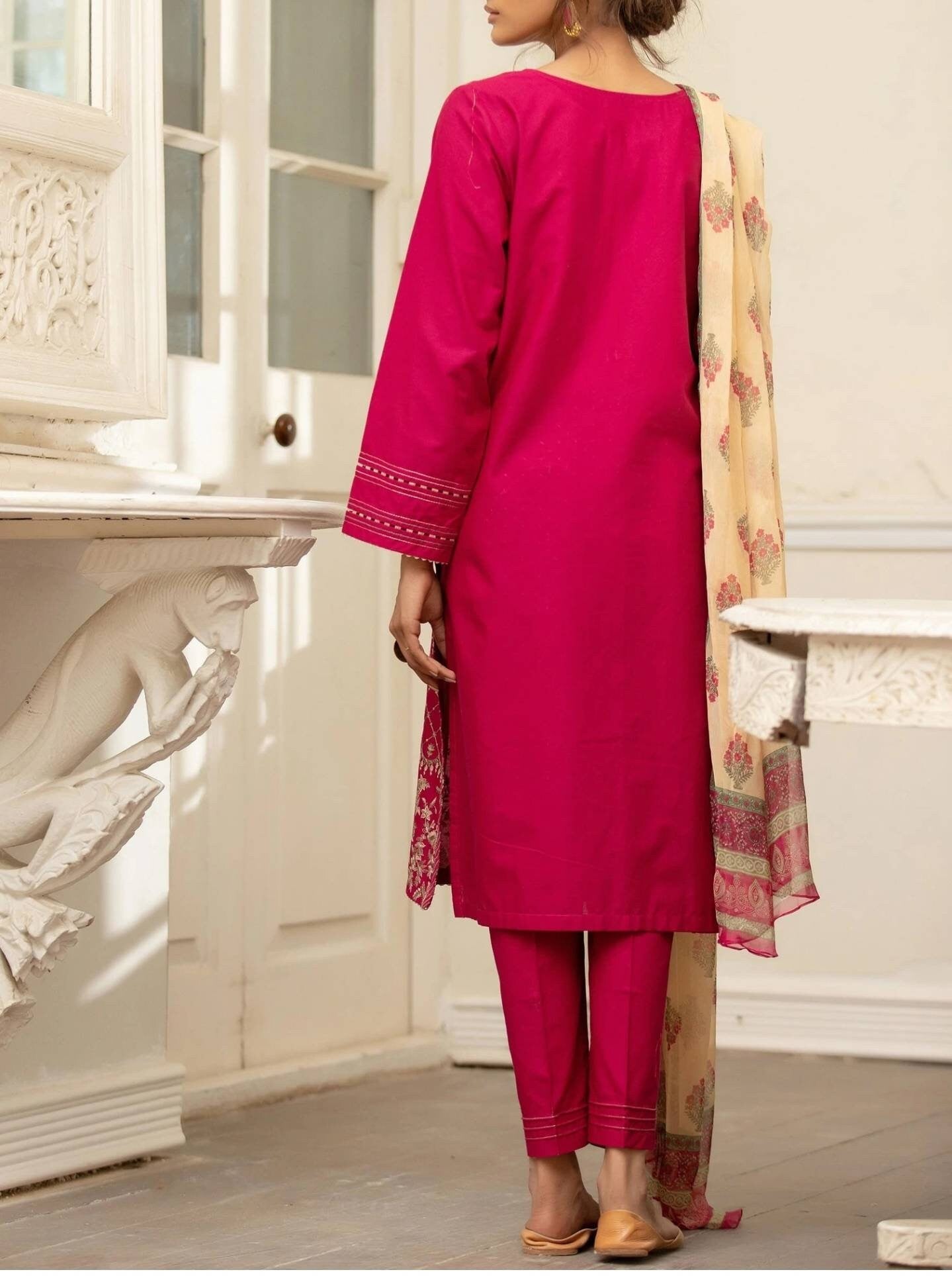 Stitched 3 Piece Embroidered Cambric Suit with Chiffon Dupatta. Pakistani ready to wear.