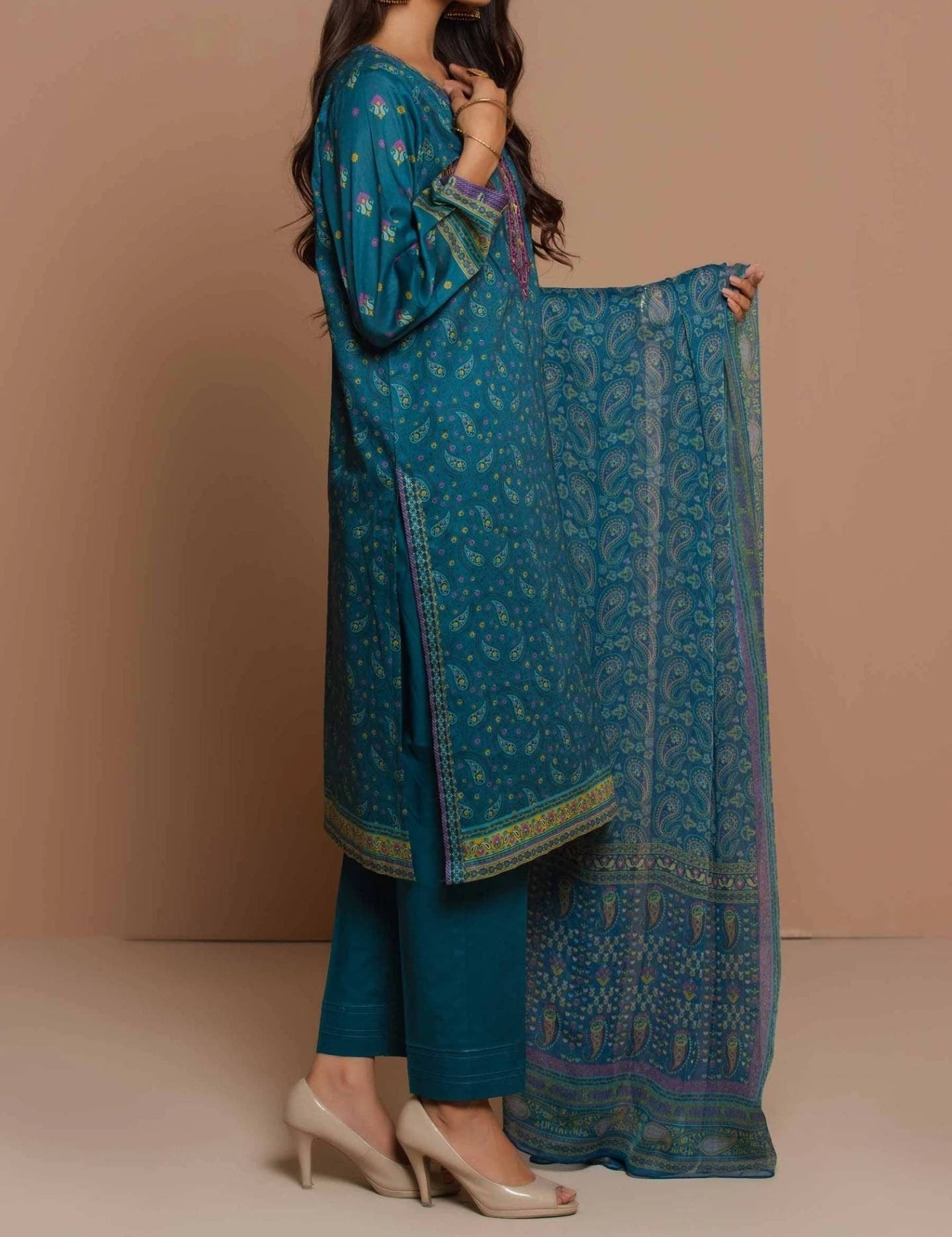 Stitched 3 Piece Embroidered Lawn with polyester chiffon Suit.