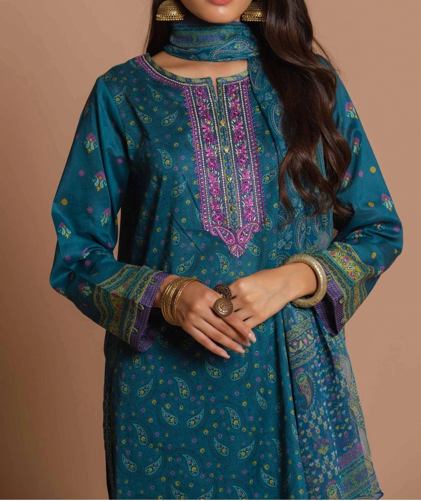 Stitched 3 Piece Embroidered Lawn with polyester chiffon Suit.