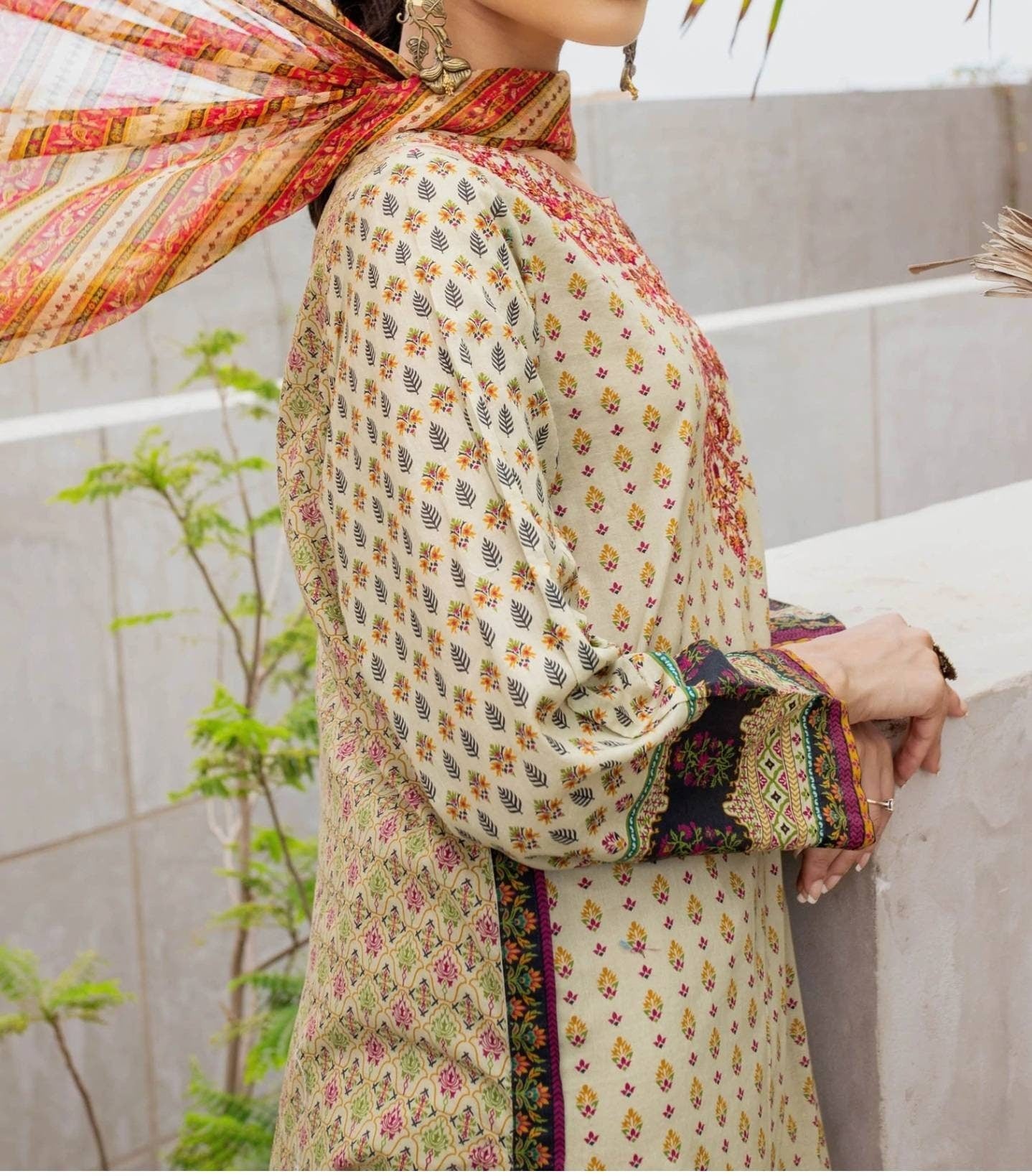 Stitched 3 Piece Embroidered Doria Lawn with Chiffon Suit. Pakistani designer wear,  ready to ship.