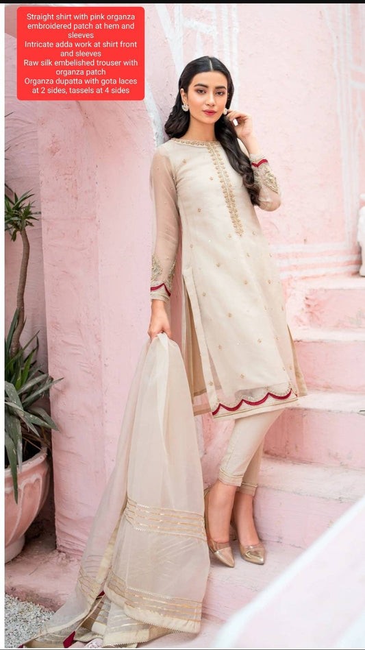 Silky beige ready to wear formal 3 pc pakistani designer wear.