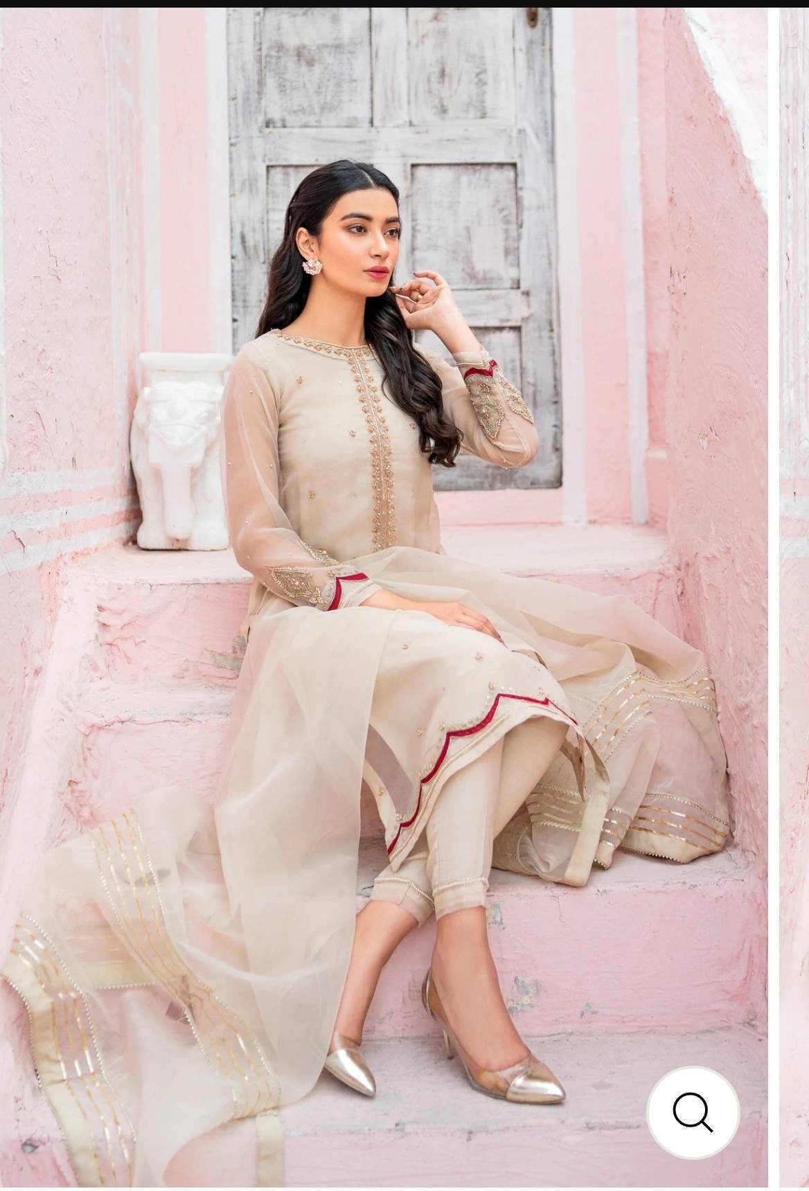 Silky beige ready to wear formal 3 pc pakistani designer wear.