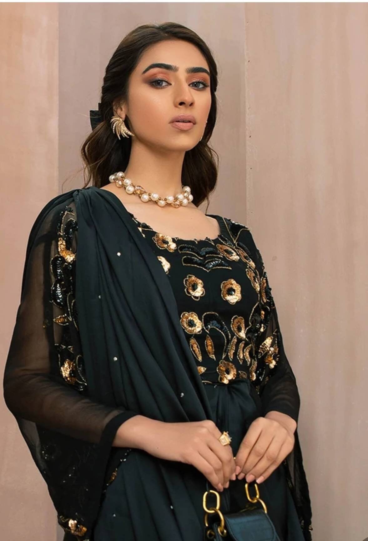 Black with gold sequins ready to wear saree. Pakistani designer wear. Draped Saree.