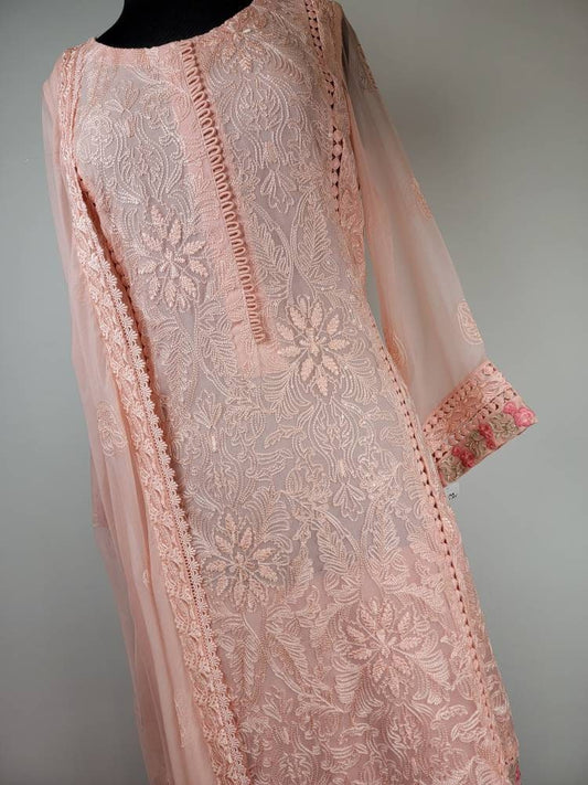 Gorgeous light pink chikankari formal wear.