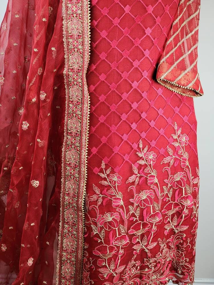 Red Chiffon pakistani designer wear.