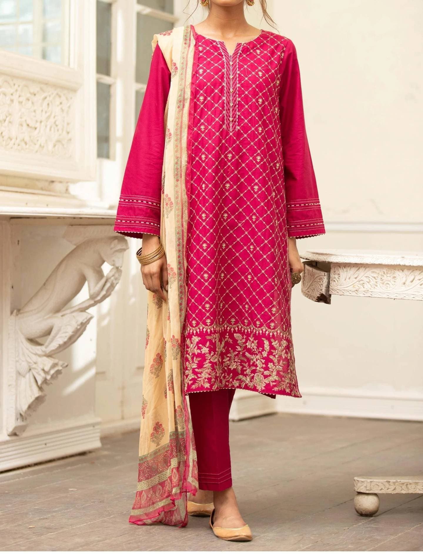 Stitched 3 Piece Embroidered Cambric Suit with Chiffon Dupatta. Pakistani ready to wear.