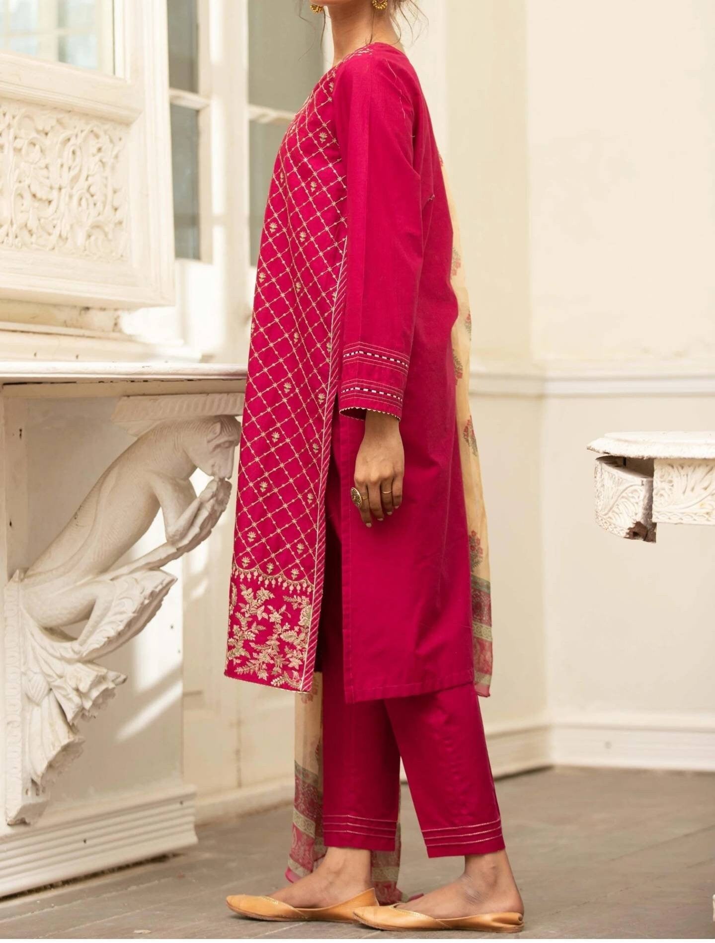 Stitched 3 Piece Embroidered Cambric Suit with Chiffon Dupatta. Pakistani ready to wear.