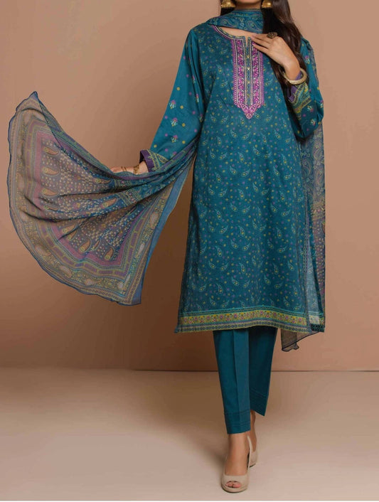 Stitched 3 Piece Embroidered Lawn with polyester chiffon Suit.