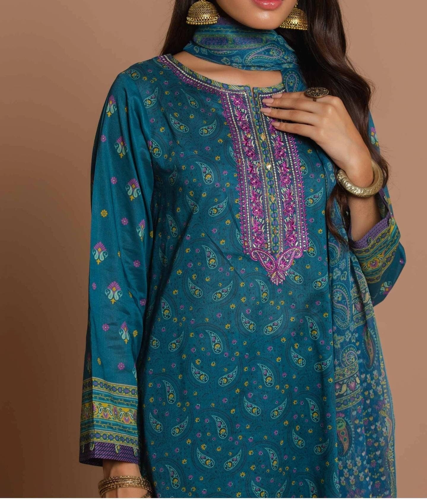 Stitched 3 Piece Embroidered Lawn with polyester chiffon Suit.