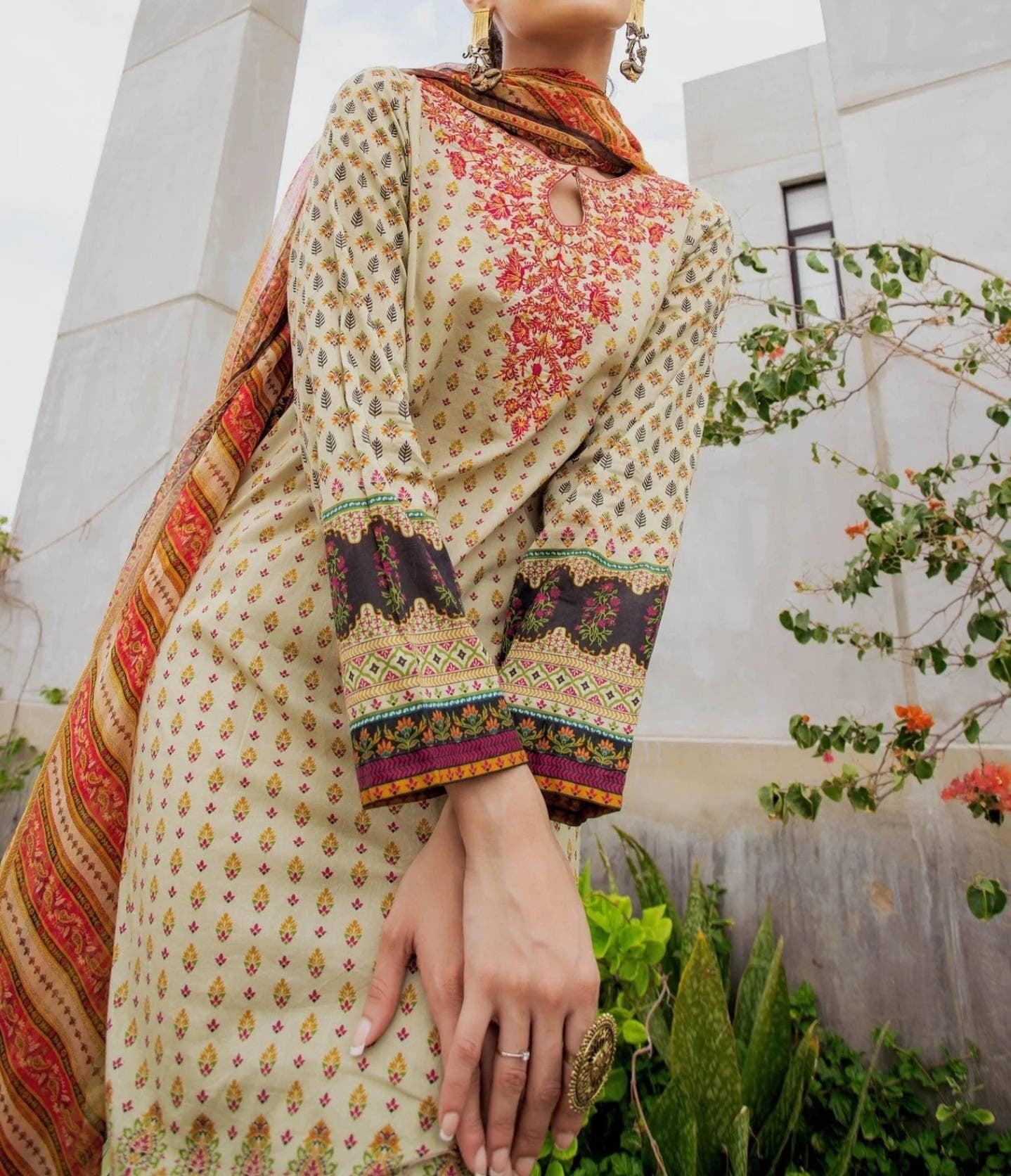 Stitched 3 Piece Embroidered Doria Lawn with Chiffon Suit. Pakistani designer wear,  ready to ship.