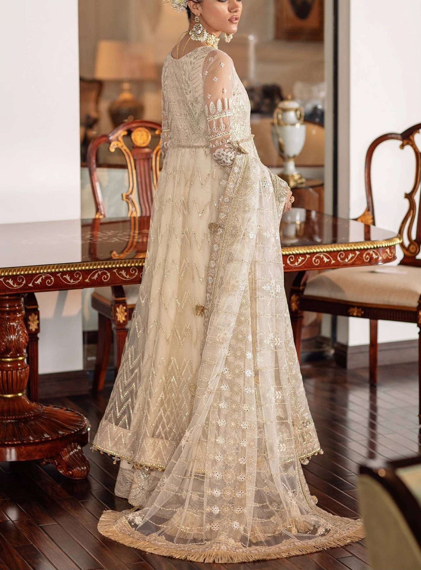 Off white Embroidered Net angrakha with heavy Embroidered Net dupatta and silk plazzo pants. Pakistani bridal Lehenga. Ready to ship.