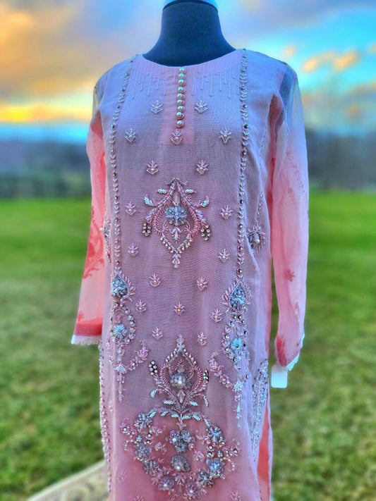 Baby pink heavy handwork shirt with silk straight pant and embroidered dupatta.