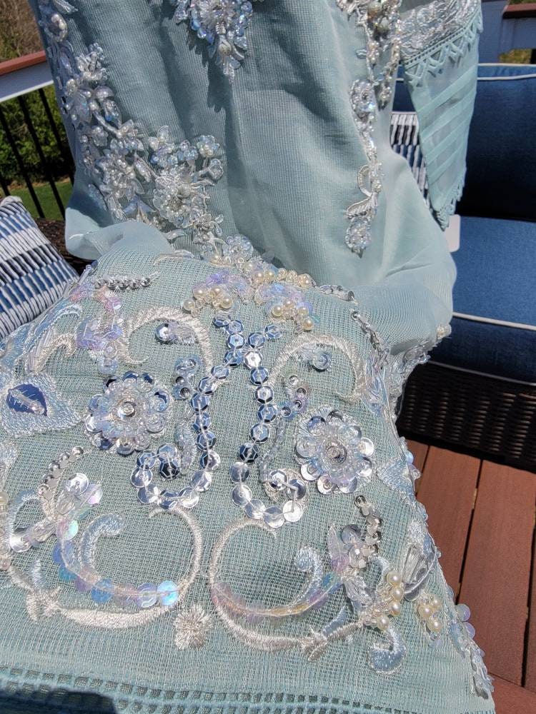 Gorgeous ice Blue formal attire.  Ready to wear. Heavy all over hand work on shirt.