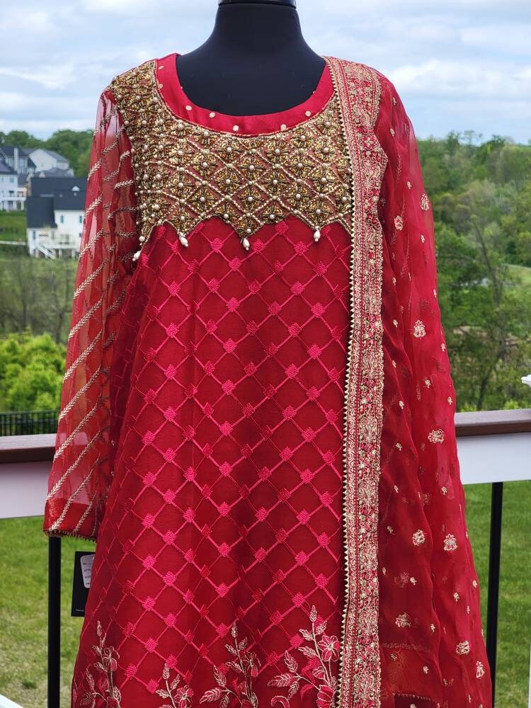 Red Chiffon pakistani designer wear.