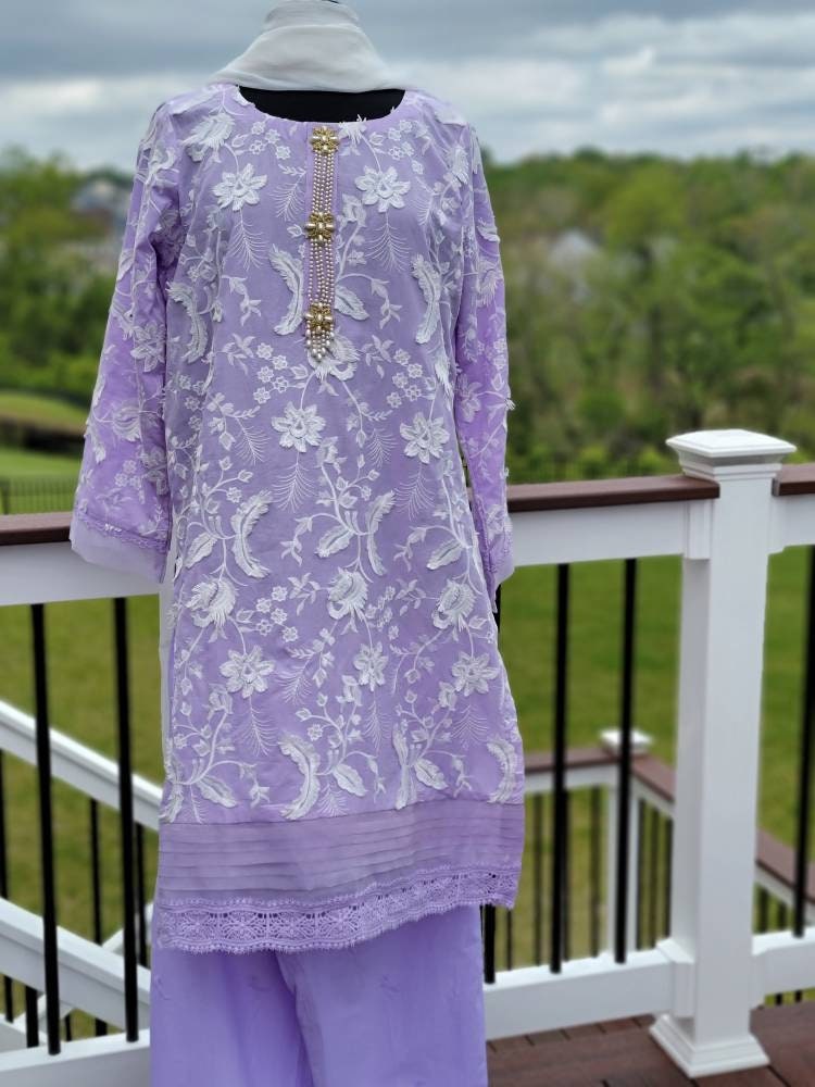 Lawn chikankari shirt with pant and duppata.