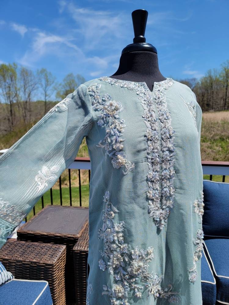 Gorgeous ice Blue formal attire.  Ready to wear. Heavy all over hand work on shirt.