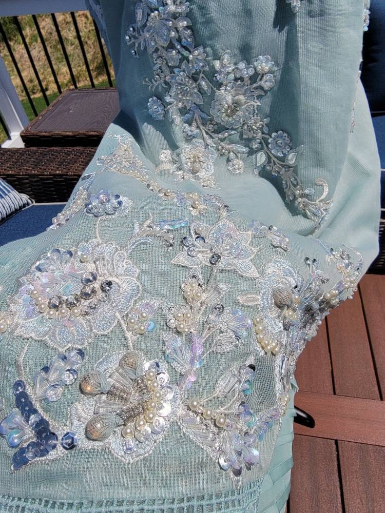 Gorgeous ice Blue formal attire.  Ready to wear. Heavy all over hand work on shirt.