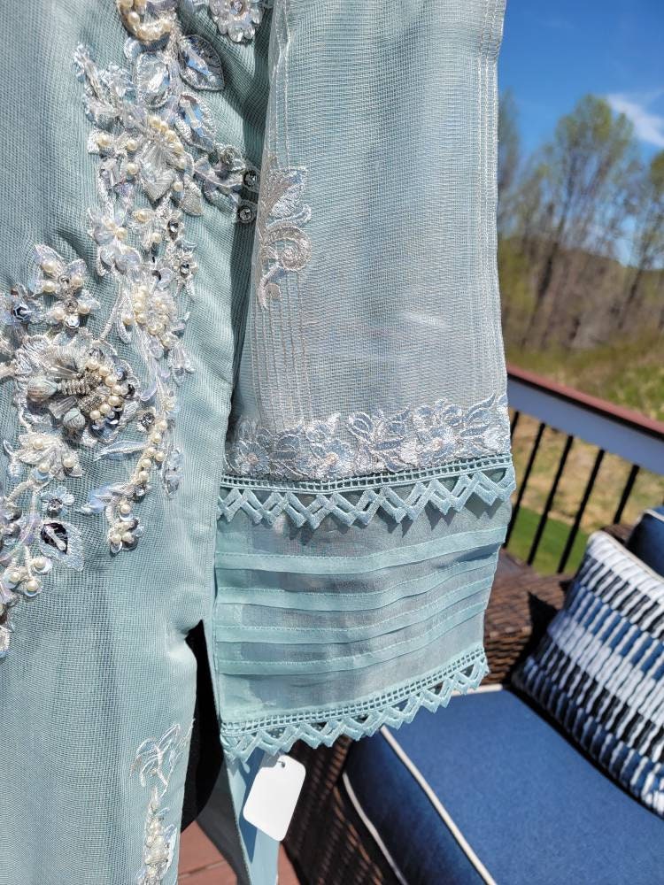 Gorgeous ice Blue formal attire.  Ready to wear. Heavy all over hand work on shirt.