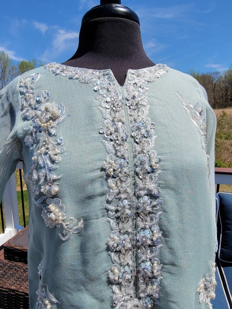 Gorgeous ice Blue formal attire.  Ready to wear. Heavy all over hand work on shirt.