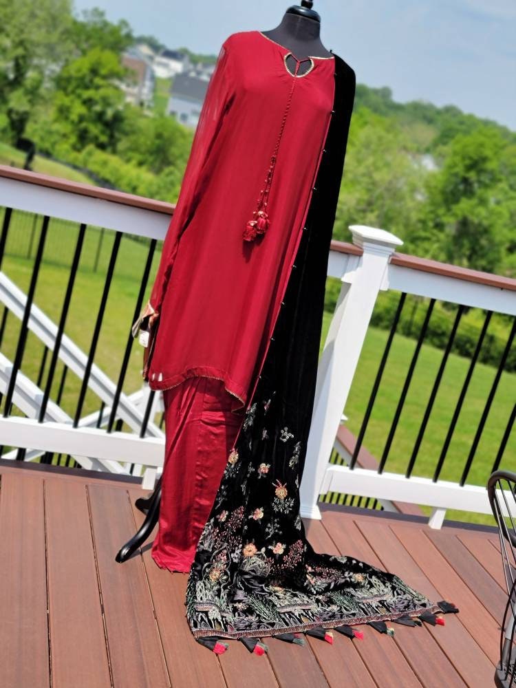 Chiffon shirt with Velvet shawl and pant. Party wear.  Formal pakistani designer wear.