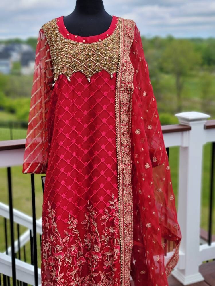 Red Chiffon pakistani designer wear.