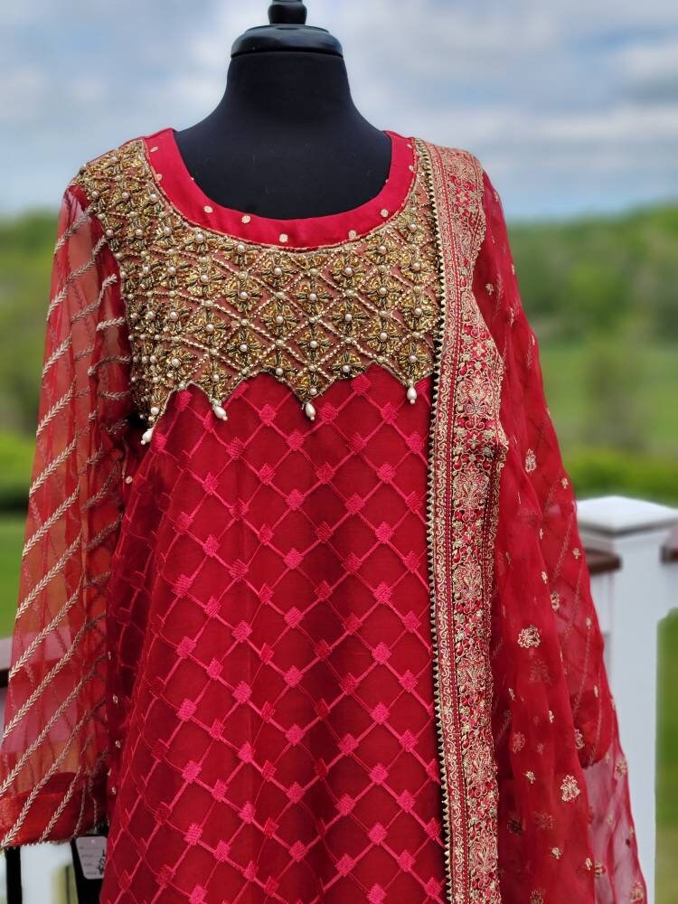 Red Chiffon pakistani designer wear.