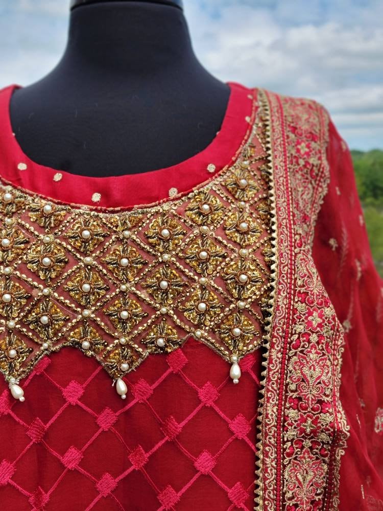 Red Chiffon pakistani designer wear.