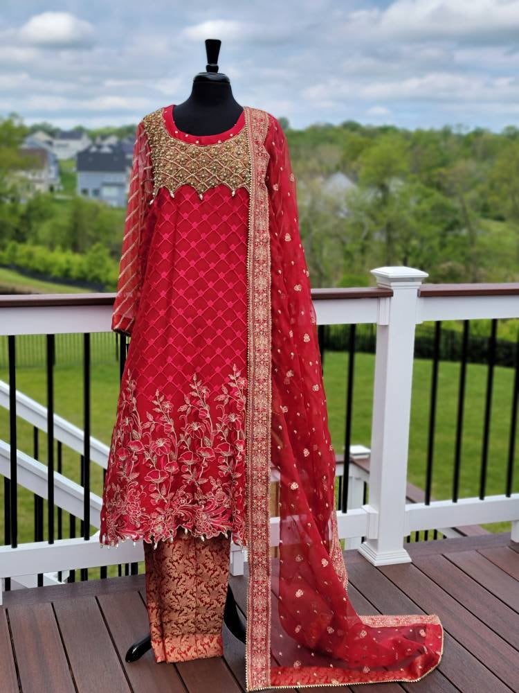 Red Chiffon pakistani designer wear.