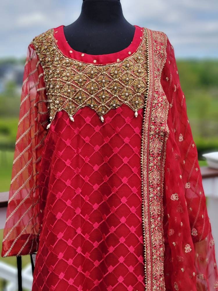 Red Chiffon pakistani designer wear.