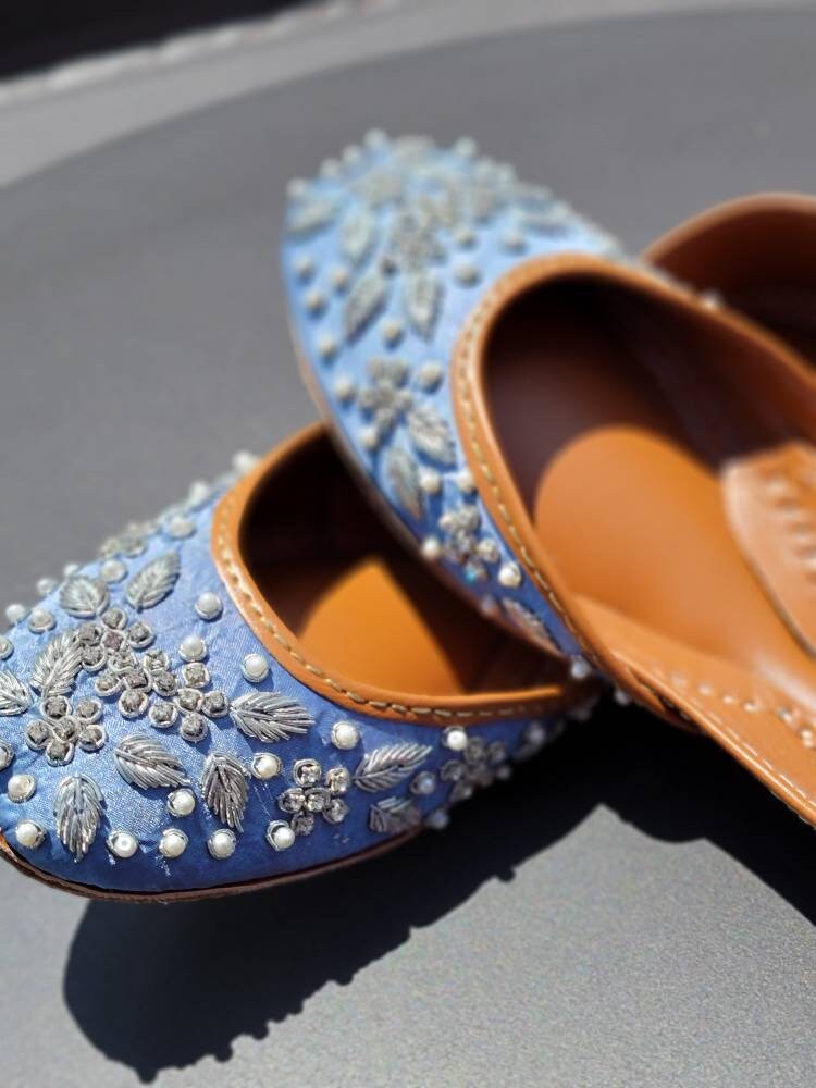 Light blue khussa. Handcrafted dabka work. Pure leather, Non-allergic khussa.