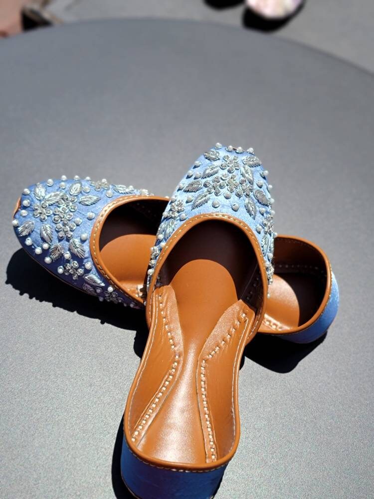 Light blue khussa. Handcrafted dabka work. Pure leather, Non-allergic khussa.