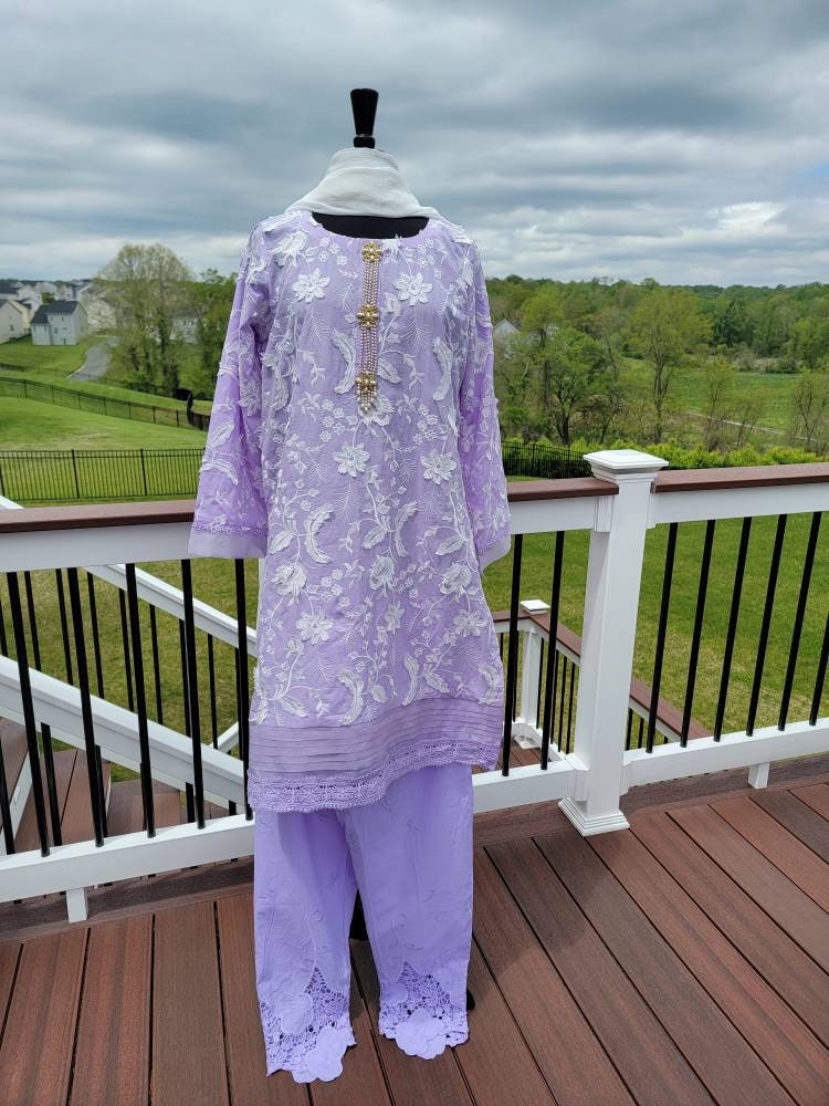 Lawn chikankari shirt with pant and duppata.