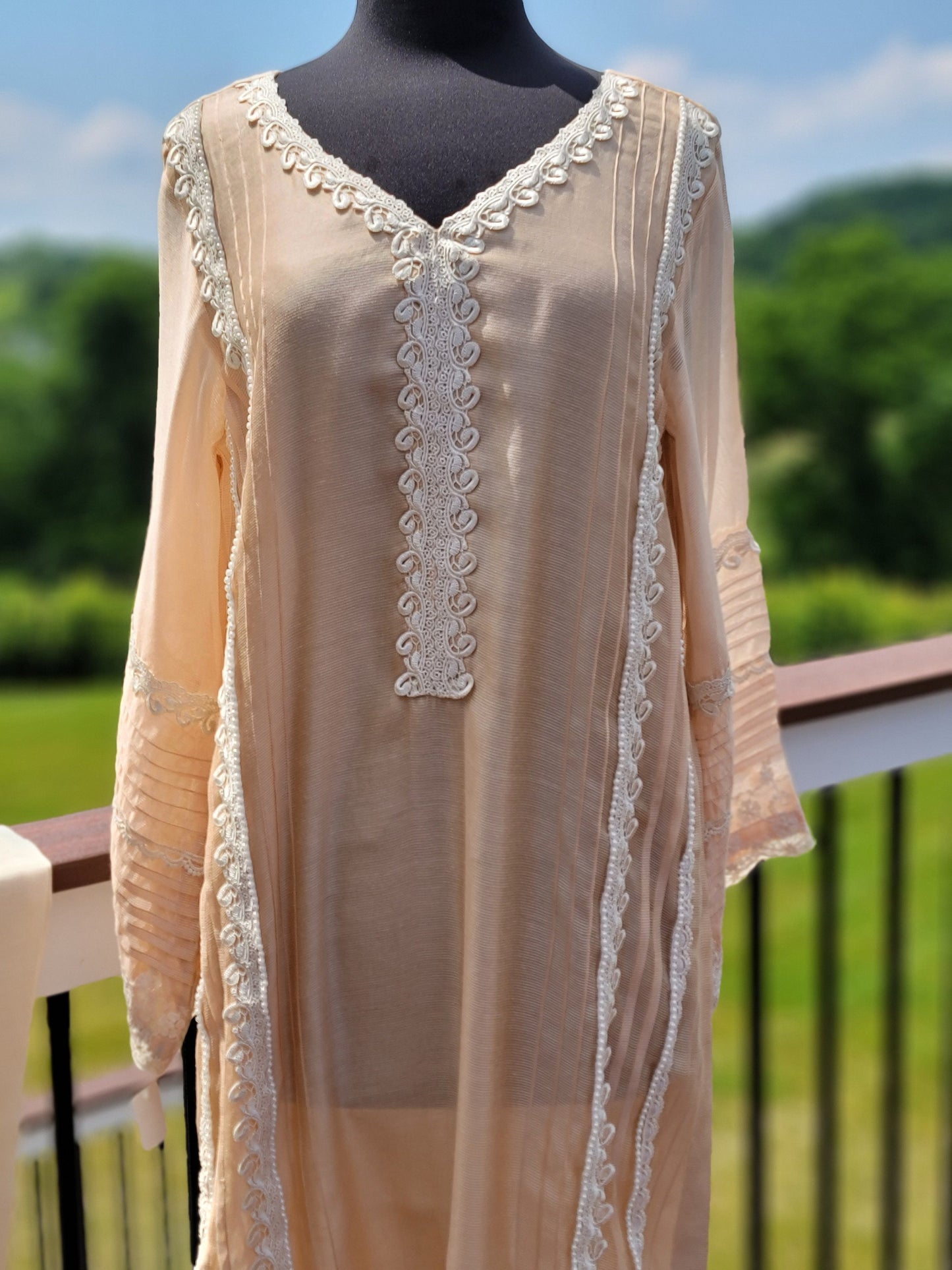 Net shirt with lace work,  pant and Dupatta.  Pakistani designer wear.  Formal wear.